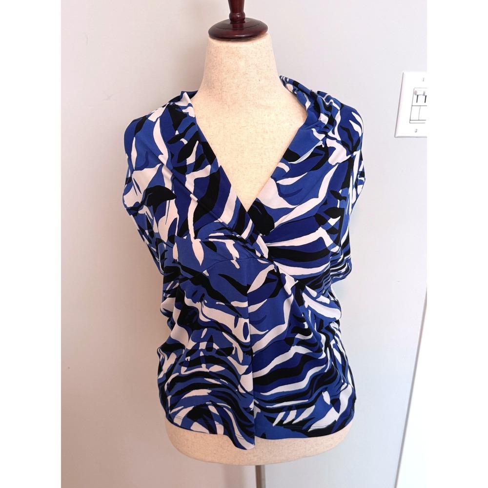 CHICO'S | Blouse Women Sz 3 XL Blue Abstract Leaf Print Drape Neck Sleeveless